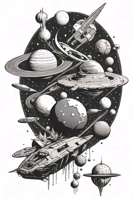 Universe with Planters and Asteroids tattoo design idea