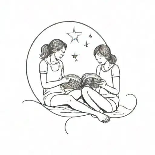 A minimalist design of a mother and daughter reading books together under the moon and sun tattoo design idea