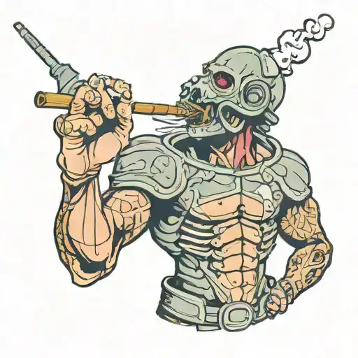 a broking man looking for the beauty in life with broken armor smoking a joint tattoo design idea