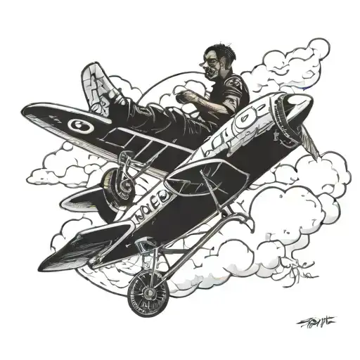 A surreal scene of Travis Scott riding a giant mini airplane through a sky full of clouds, with the words 'Sky is the limit' written in the background tattoo design idea