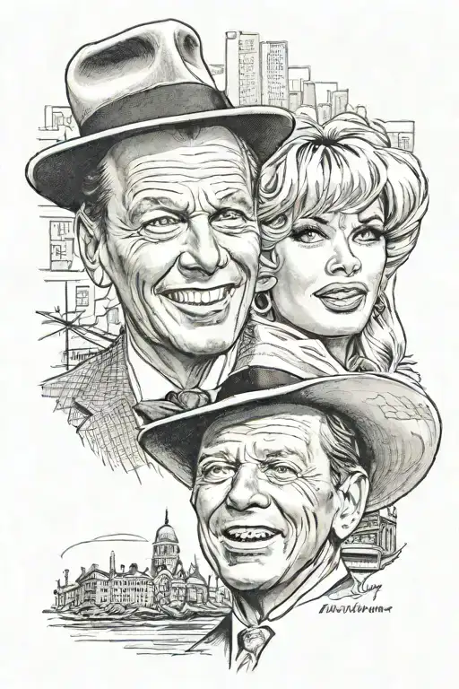Frank sinatra with hat smiling, and Brigitte Bardot. Bakcground with the NYC buildings. Text: "All or norhing at all". tattoo design idea