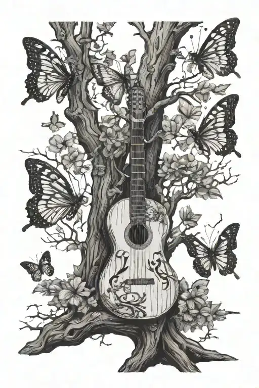 three butterflies with a tree that has a swing and a guitar resting at the trunk surrounded by Jun tattoo design idea