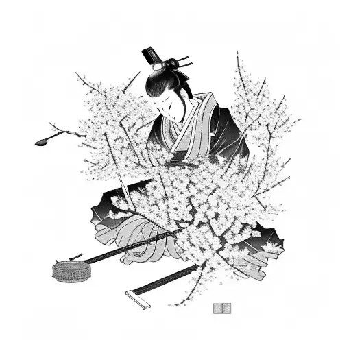 A Japanese ronin meditating under a cherry blossom tree with musical instruments nearby tattoo design idea