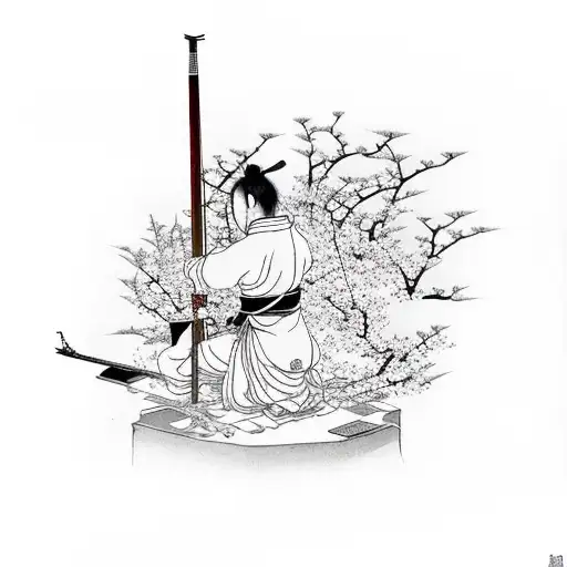 A Japanese ronin meditating under a cherry blossom tree with musical instruments nearby tattoo design idea