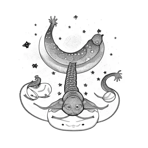 child wearing hoodie looking at a sky full of stars. birds flying. a snake is present. a sign "IV" is also present tattoo design idea