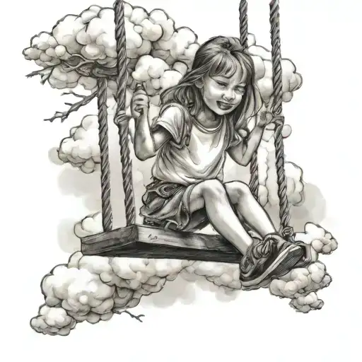 Five year old girl swinging on a swing above the clouds in paradise  tattoo design idea