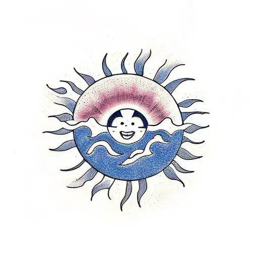 sun with wave like character b and a small heart tattoo design idea