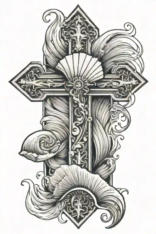 cross with sea shell and waves  tattoo design idea