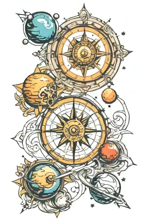 compass and planets solar system tattoo design idea