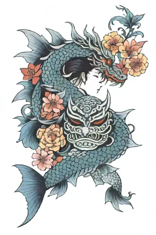 japan, family, flowers, mask, fish, dragon tattoo design idea