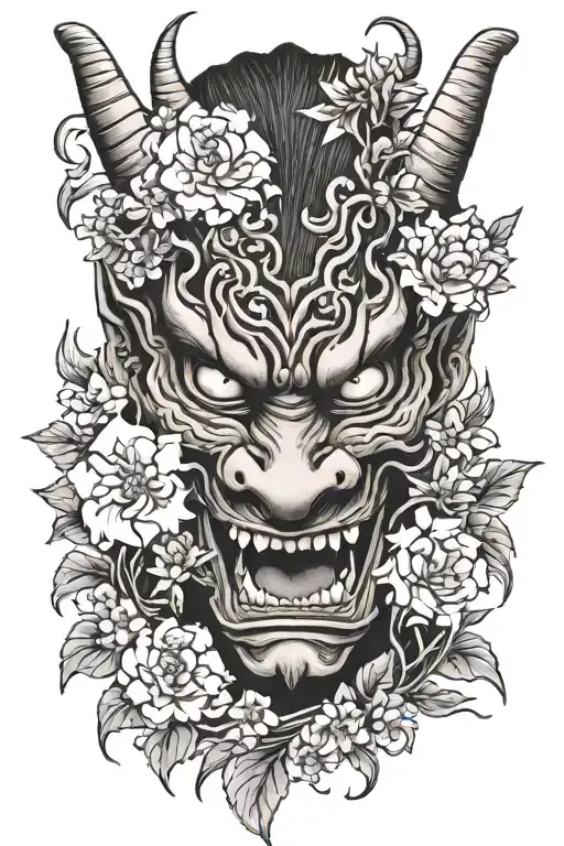 japan, dragon, hannya mask, flowers tattoo design idea