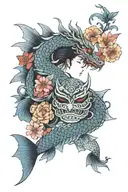 japan, family, flowers, mask, fish, dragon tattoo design idea