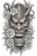 japan, dragon, hannya mask, flowers tattoo design idea