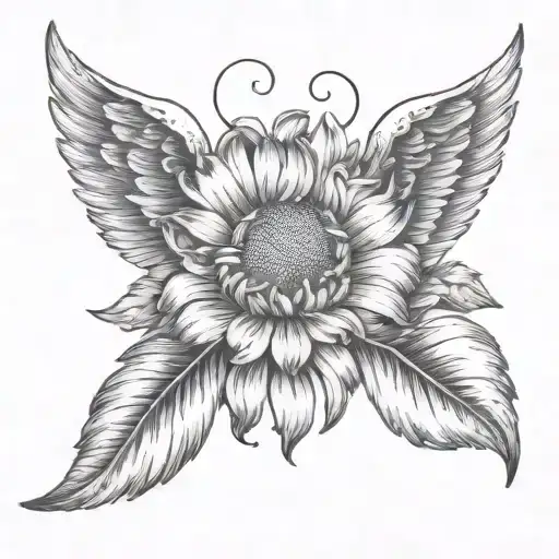 A beautiful  daisy birth flower intertwined with 4 angel wings Cheyenne Alana  tattoo design idea