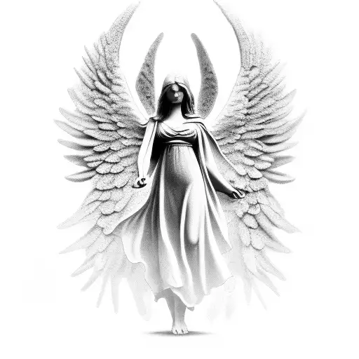 female Angel statue looking to the sky arm sleeve tattoo design idea