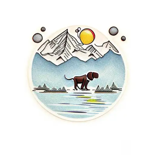 chocolate lab sitting by lake, mountains and pine trees, zoomed out tattoo design idea