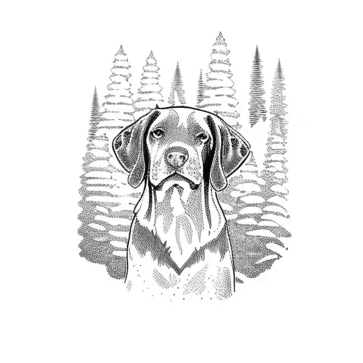chocolate lab sitting by lake, mountains and pine trees, zoomed out tattoo design idea