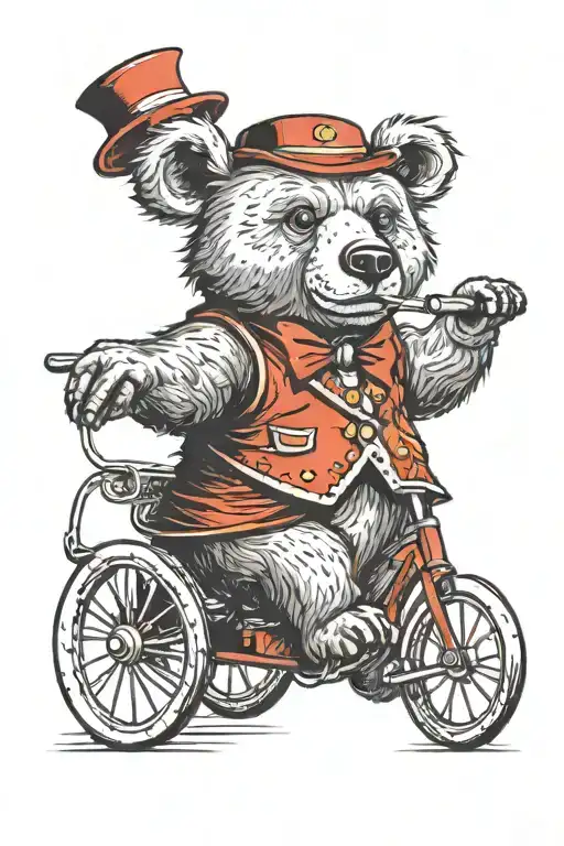 circus bear riding a small tricycle wearing a red fez and red waistcoat  tattoo design idea