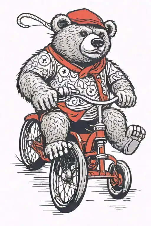 big bear riding a small tricycle wearing a red fez   tattoo design idea