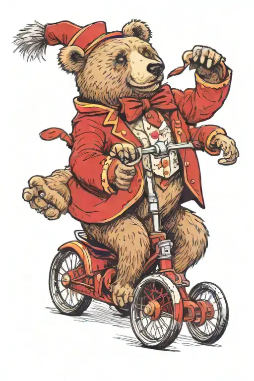 circus bear riding a small tricycle wearing a red fez and red waistcoat  tattoo design idea