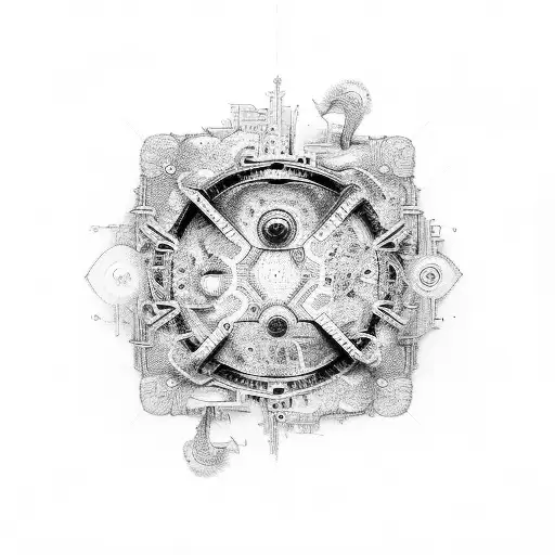 empty fantasy styled frame transforming into a circuitboard frame outward tattoo design idea