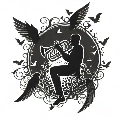A blackwork tattoo of a silhouette of a person playing a trumpet with birds flying around them tattoo design idea