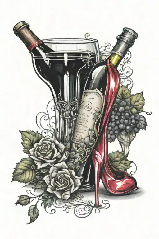 A unique tattoo design combining a high heel shoe and a wine bottle, representing the client's love for both fashion and wine tattoo design idea