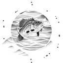 largemouth bass jumping out of the water and the moon is a clock reflecting off the water tattoo design idea
