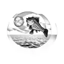 largemouth bass jumping out of the water and the moon is a clock reflecting off the water tattoo design idea