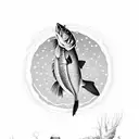 largemouth bass jumping out of the water and the moon is a clock reflecting off the water tattoo design idea