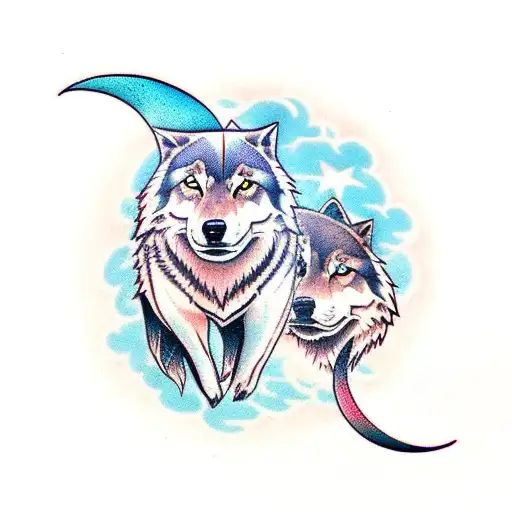 Two Wolves With Moon tattoo design idea