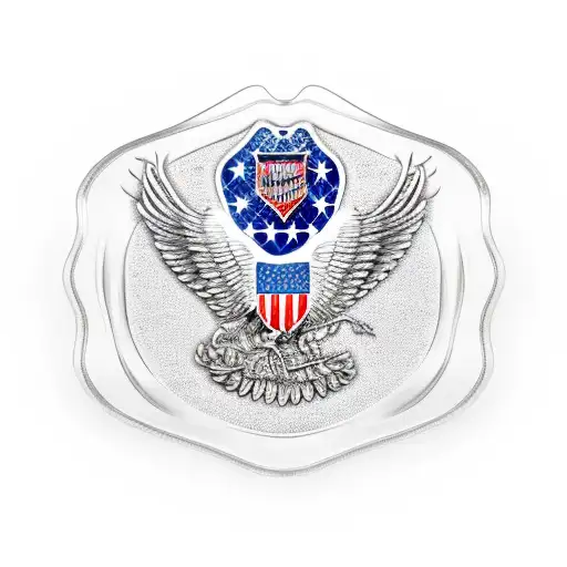An American eagle with its wings spread wide, holding a firefighter badge in its talons, while the reflection of the American flag is seen in its feathers tattoo design idea