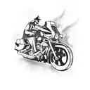 A badass firefighter riding a Harley Davidson motorcycle with flames shooting out of the exhaust pipes tattoo design idea