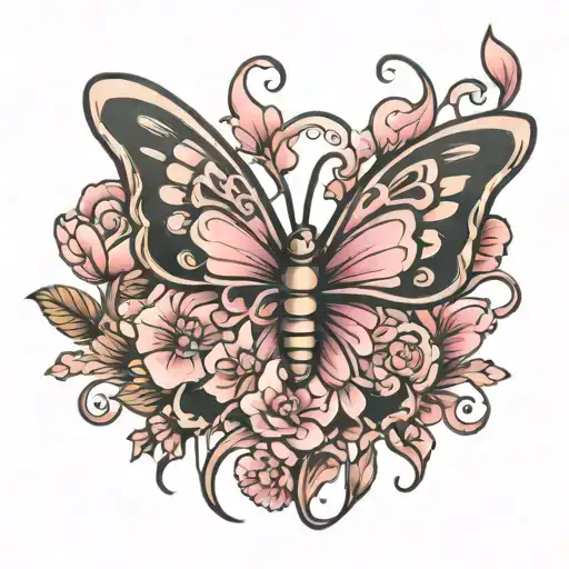 Breast Cancer ribbon butterfly flowers tattoo design idea