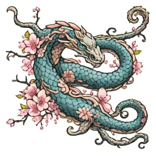 Jörmungandr wrapped around cherry blossom tree in the center of the earth in color tattoo design idea