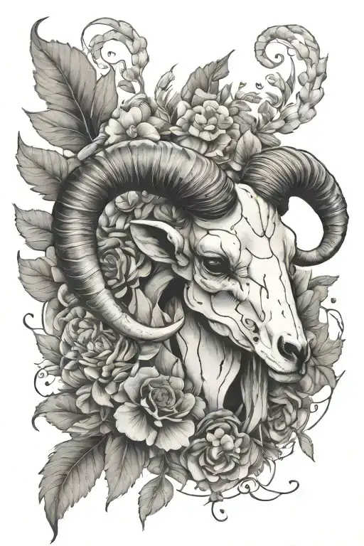 ram skull, herb bundle, aries constellation surrounded tattoo design idea