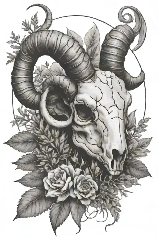 ram skull, herb bundle, aries constellation merging tattoo design idea