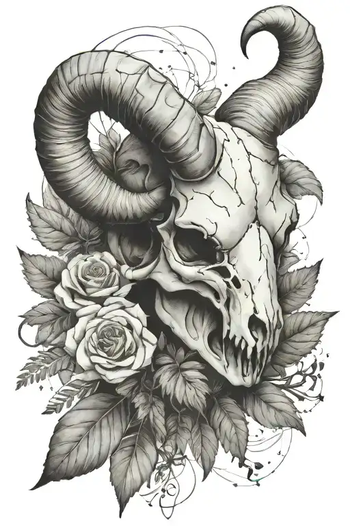ram skull, herb bundle, aries constellation surrounded tattoo design idea