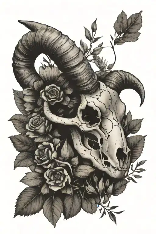 ram skull, herb bundle, aries constellation merging tattoo design idea