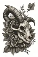 ram skull, herb bundle, aries constellation merging tattoo design idea