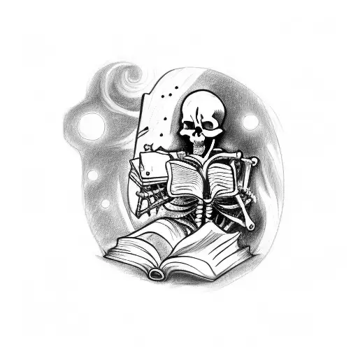 A sketch-style tattoo of a skeleton reading a book under a starry sky tattoo design idea