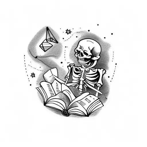 A sketch-style tattoo of a skeleton reading a book under a starry sky tattoo design idea