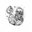 A sketch-style tattoo of a skeleton reading a book under a starry sky tattoo design idea