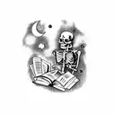 A sketch-style tattoo of a skeleton reading a book under a starry sky tattoo design idea