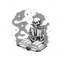 A sketch-style tattoo of a skeleton reading a book under a starry sky tattoo design idea