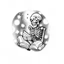 A sketch-style tattoo of a skeleton reading a book under a starry sky tattoo design idea