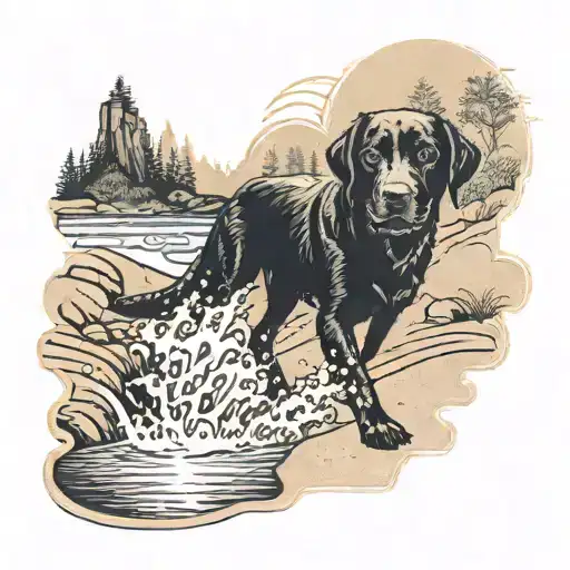 A black lab dog playing on a sandy beach with a waterfall in the background tattoo design idea