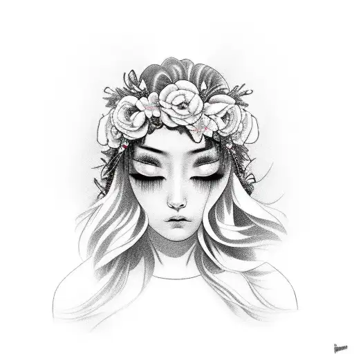 beautiful girl with long hair and a flower crown, peeking out from behind a Japanese mask tattoo design idea