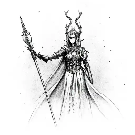Dark Sun Gwyndolin from Dark Souls posing as Lady Justice, with a bow instead of a sword. tattoo design idea