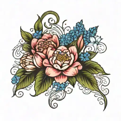 carnation, waterlilly, larkspur, snowdrop flower tattoo design idea